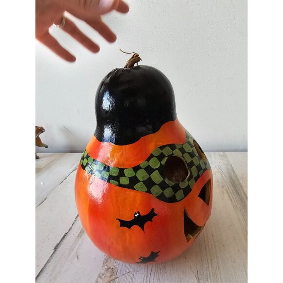 Vintage pumpkin gourd jack-o'-lantern folk art Halloween bat unique light up dec - Picture 5 of 9